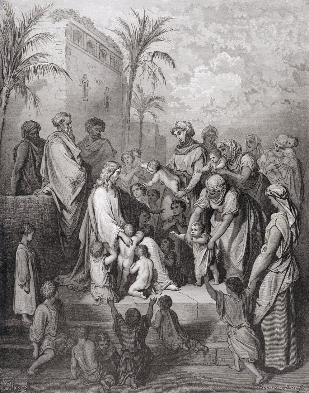 Jeesus siunaa lapsia, Stephane Pannemakerin (1847-1930) kaiverrus n.1868. tekijältä Gustave Dore