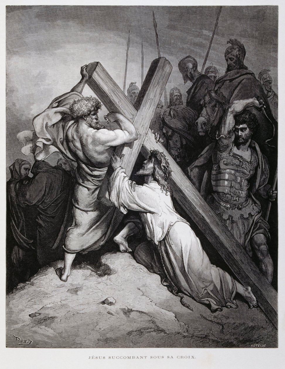 Jeesus kantaa ristiä, kuvitus Doren Raamatusta. tekijältä Gustave Dore