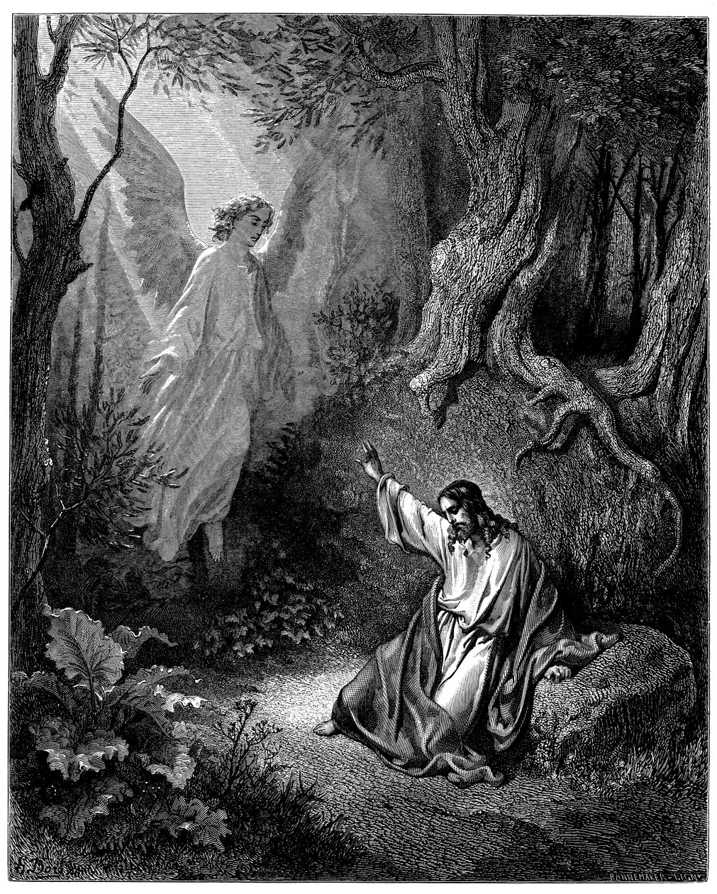 Jeesus Öljymäellä: enkeli ilmestyy hänelle antamaan rohkeutta - Gustave Doren kuvitus Raamattua varten - tekijältä Gustave Dore