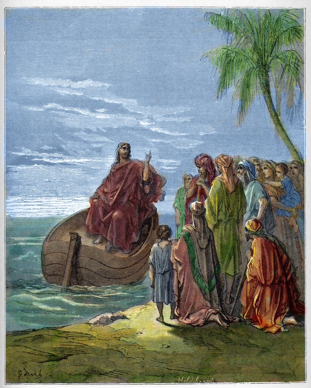 Jeesus saarnaa Genesaret-järvellä (Genesareth, Ginosar tai Kinneret) (Tiberiad-järvi) (Galileanmeri) - Jeesus saarnaa Galileanmerellä - - Kaiverrus Gustave Doren (1832-1883) "The Bible illustree" -kirjaan - Kaiverrus kohteesta " "Doren raamattu"" tekijältä Gustave Dore