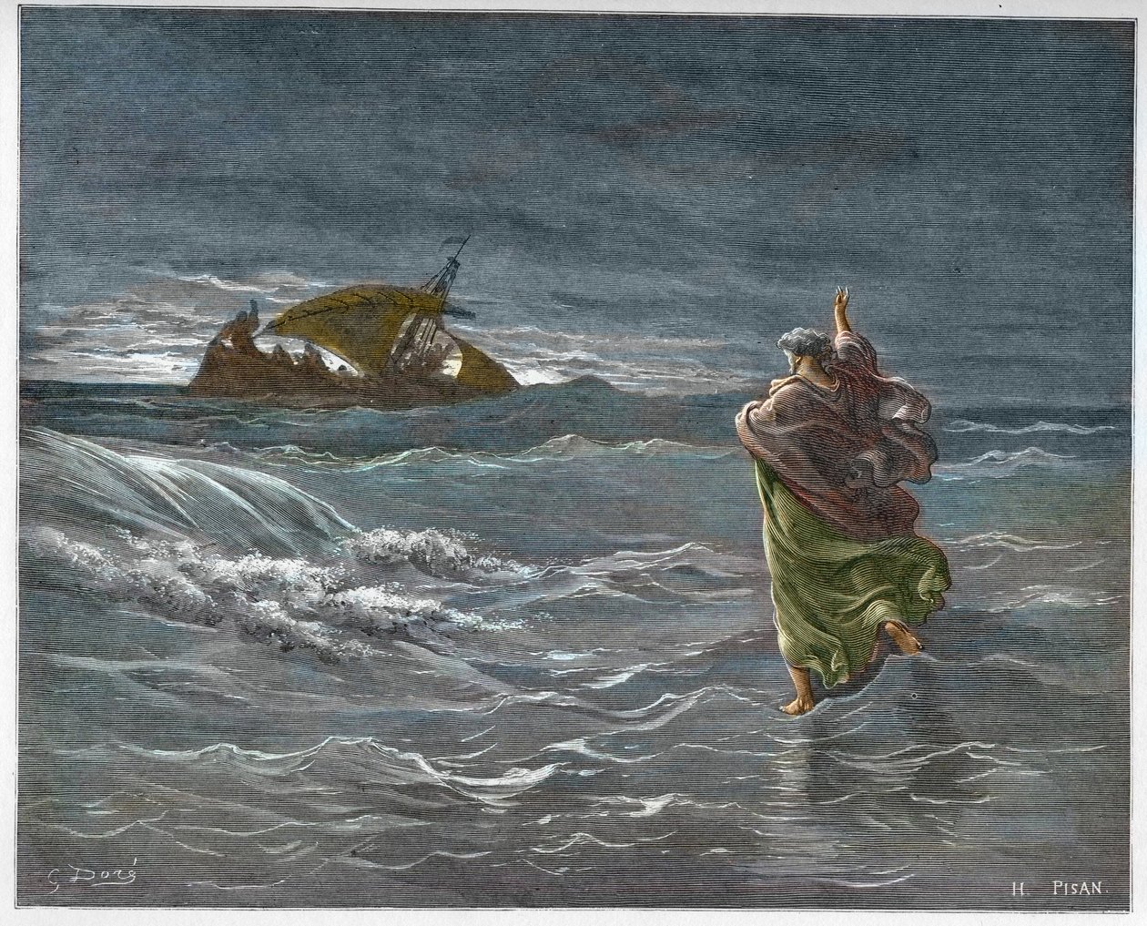 Jeesus kävelee Tiberiade-järven vesillä - Jeesus kävelee merellä (vesi) - kaiverrus Gustave Doren (1832-1883) "" The Bible illustree -kirjaan" - Kaiverrus "" Dore Biblesta"" tekijältä Gustave Dore