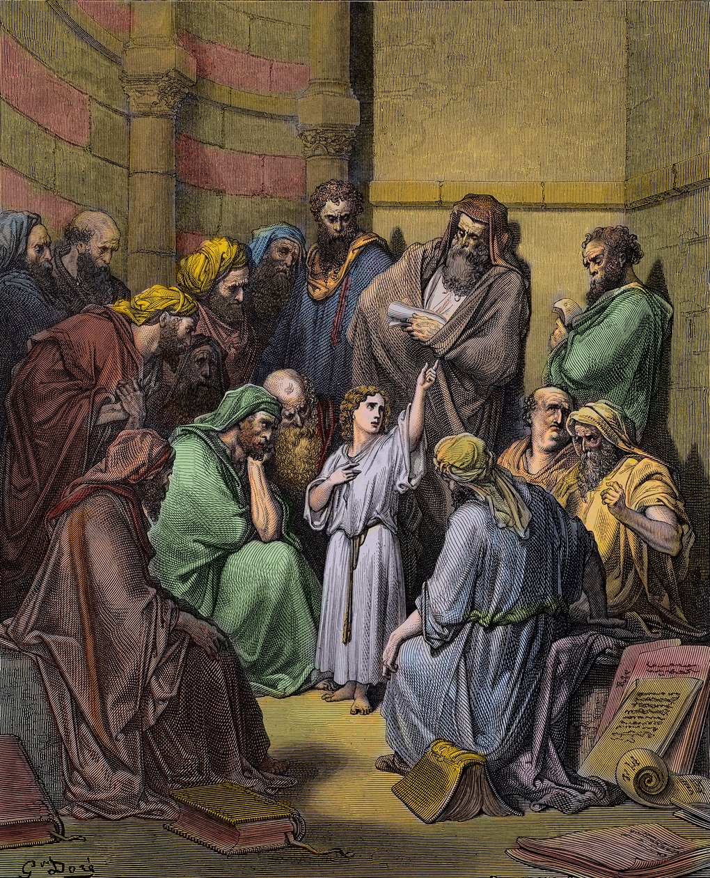 Jeesus lääkäreiden kanssa temppelissä - Jeesus temppelissä lääkäreiden joukossa - kaiverrus Gustave Doren (1832-1883) - myöhemmin väritys tekijältä Gustave Dore