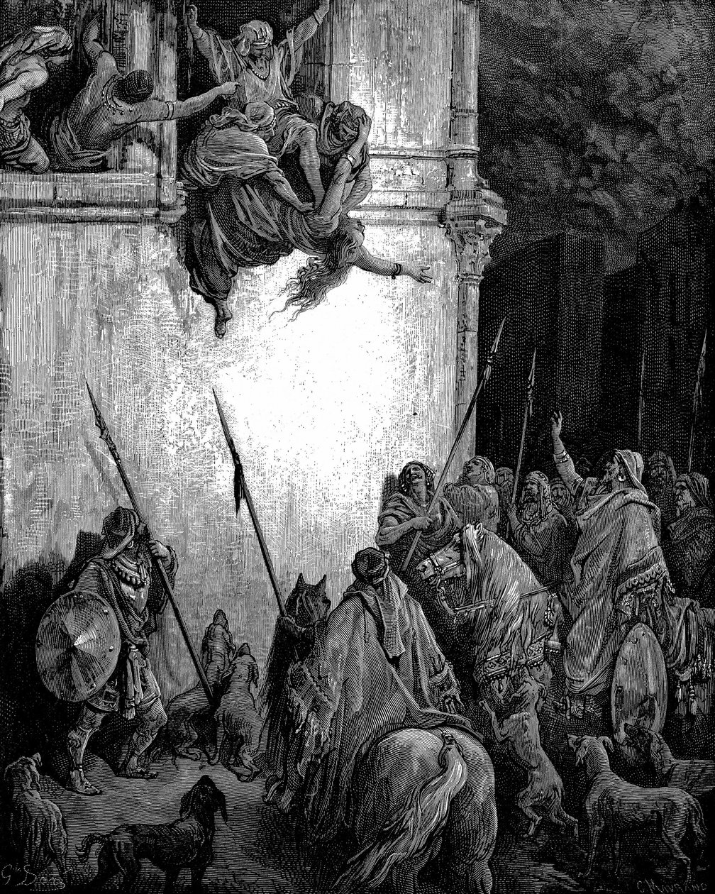Isebel, foinikialainen prinsessa ja Israelin kuninkaan Ahabin vaimo, heitetään Jehun käskystä ulos ikkunasta, ja koirat syövät hänen ruumiinsa. 2 Kings 9.33. Gustave Dorelta kuvitettu Raamattu 1866 Puukaiverrus tekijältä Gustave Dore