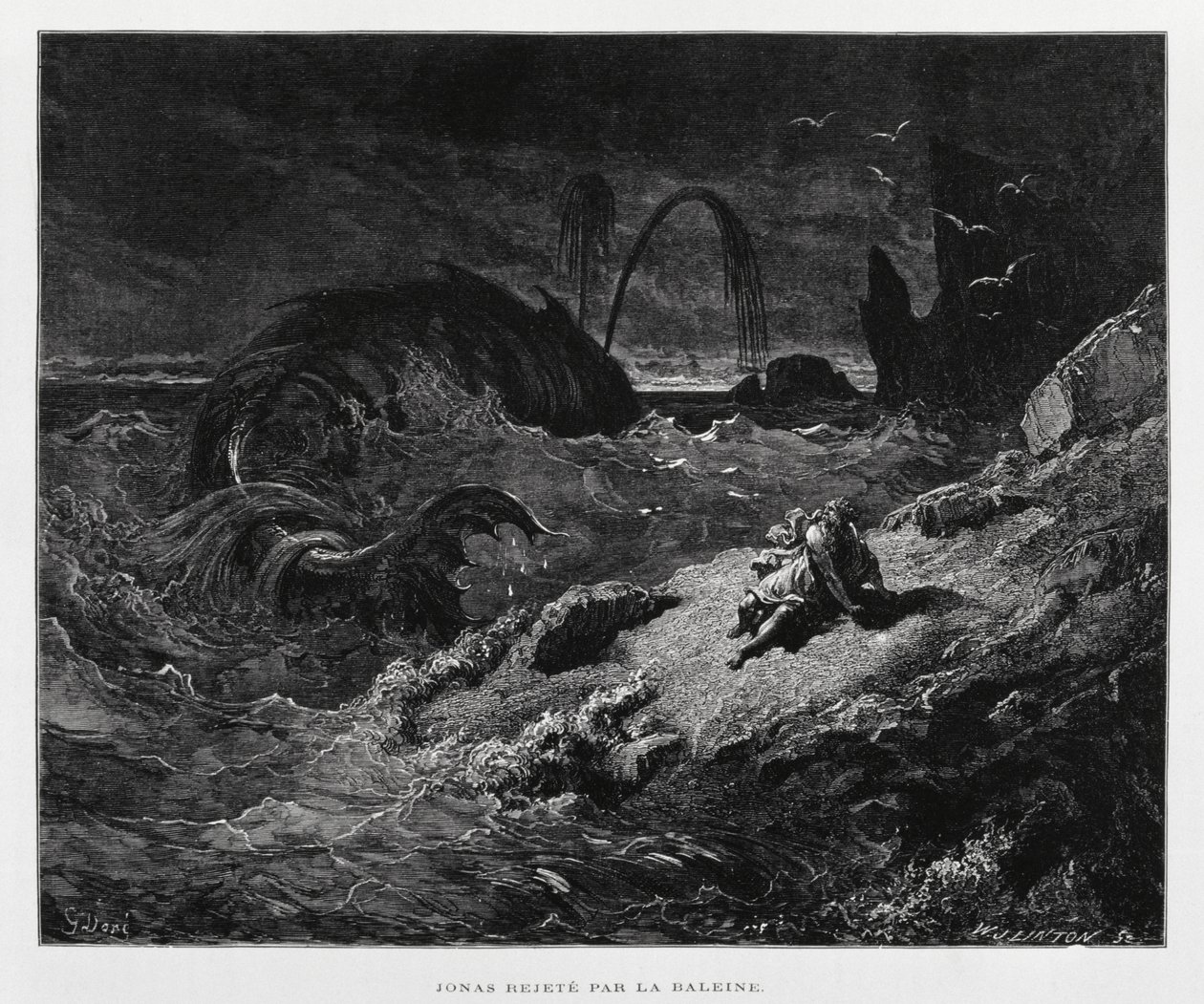 Valas heittää Joonan kuivalle maalle, kuvitus Dore Bible -teoksesta. tekijältä Gustave Dore