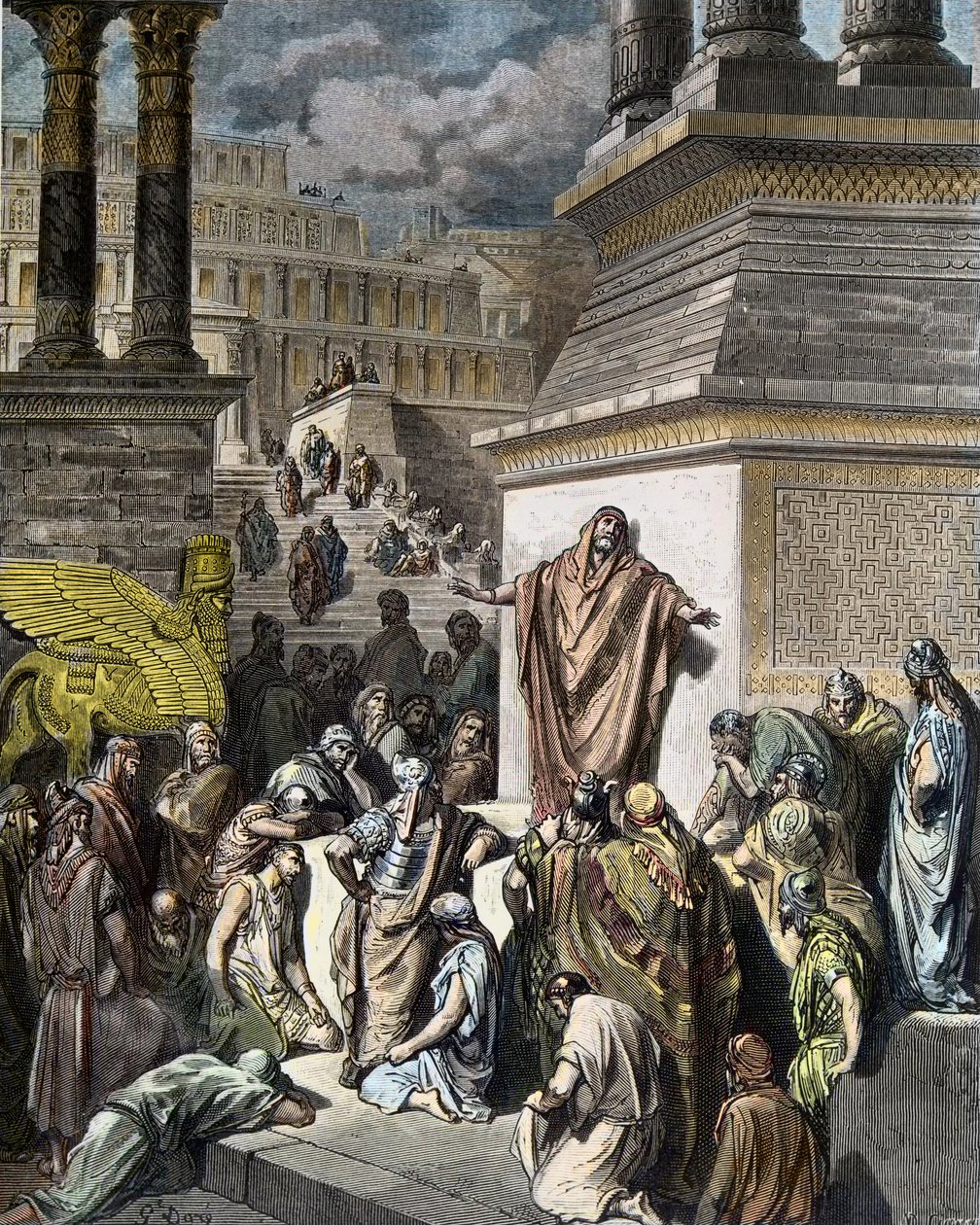 Joona kehottaa ninivitsalaisia katumukseen - Joona rohkaisee ninivilaisia katumukseen - Pannemakerin kaivertama esimerkki Gustave Doren "Pyhästä Raamatusta" tekijältä Gustave Dore