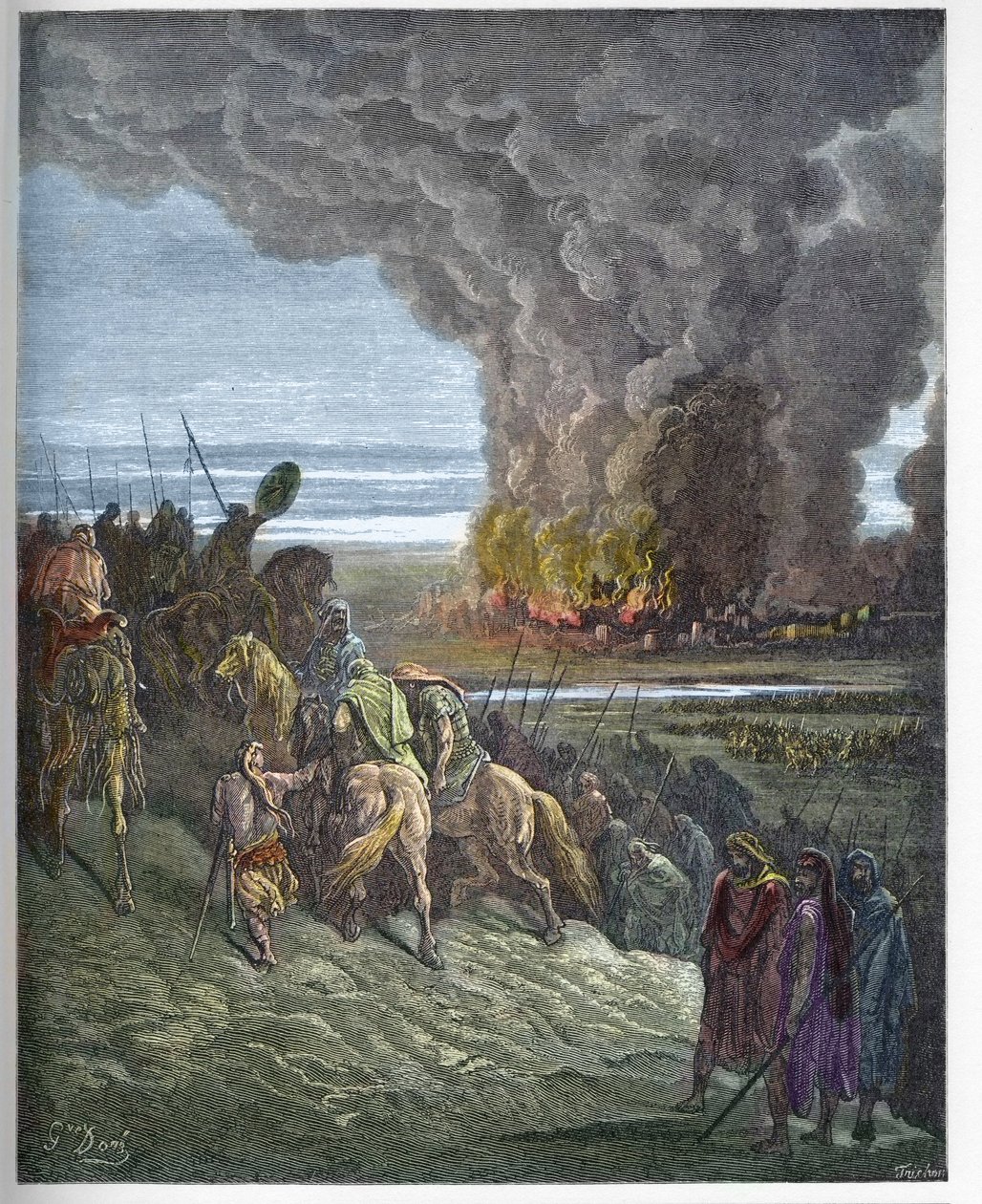 Joshua polttaa Ain kaupungin - Josuen Ain (Hai) kaupungin valloitus (Josue Book to Flames the City of Ai) - kaiverrus Gustave Doren (1832-1883) ""The Bible illustree" -kirjaan - Kaiverrus alkaen ""Doren raamattu"" tekijältä Gustave Dore