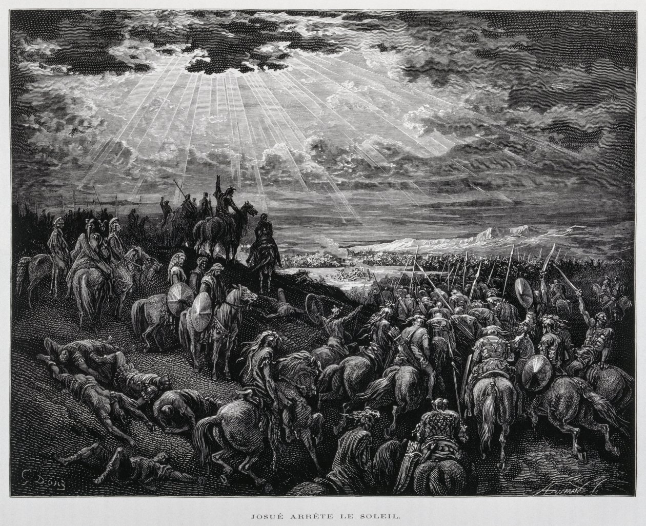 Joshua saa auringon seisomaan, Kuvitus Dore Raamatusta tekijältä Gustave Dore