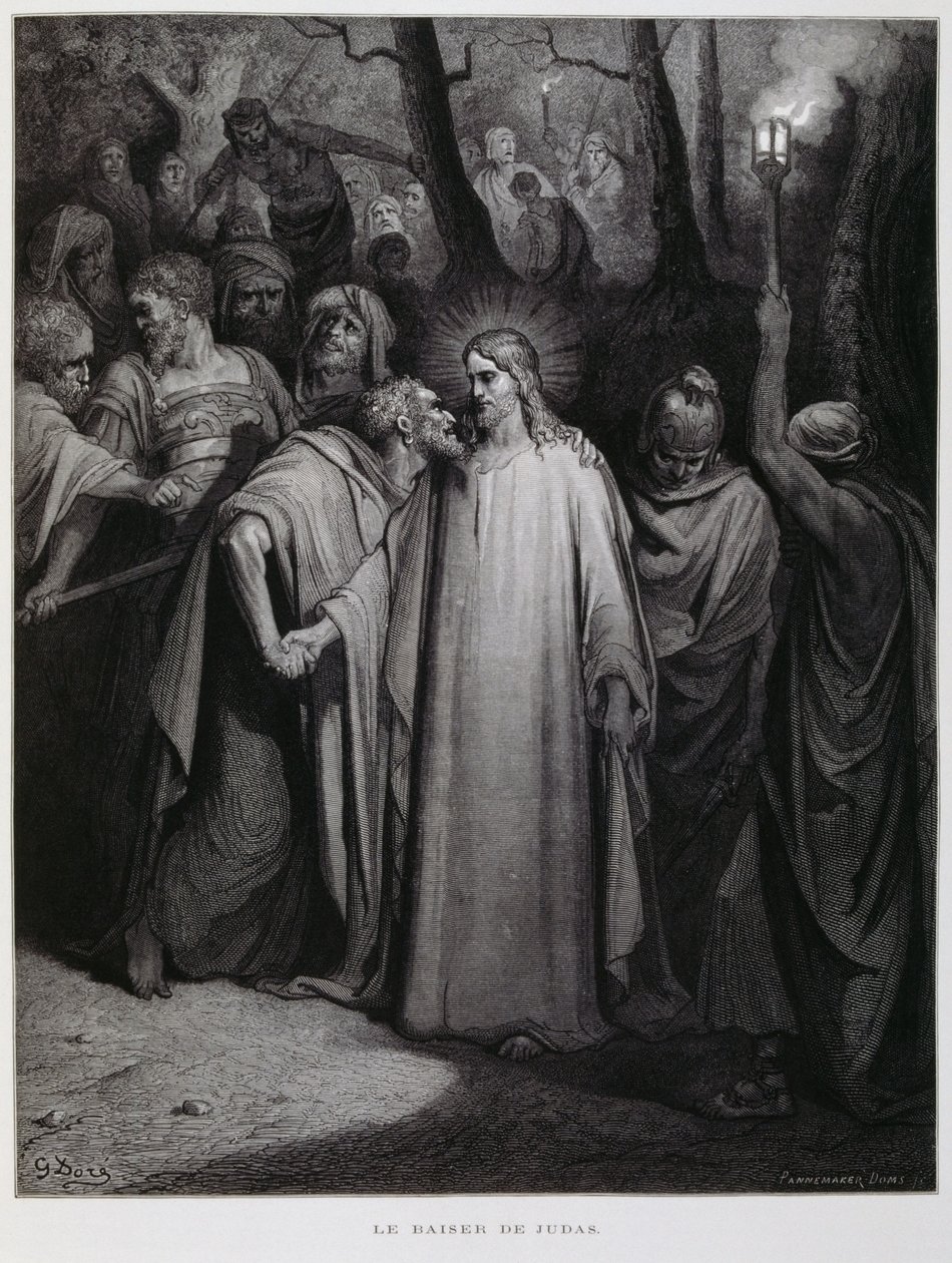 Juudas pettää Jeesuksen suudelmalla; kuvitus Doren Raamatusta. tekijältä Gustave Dore