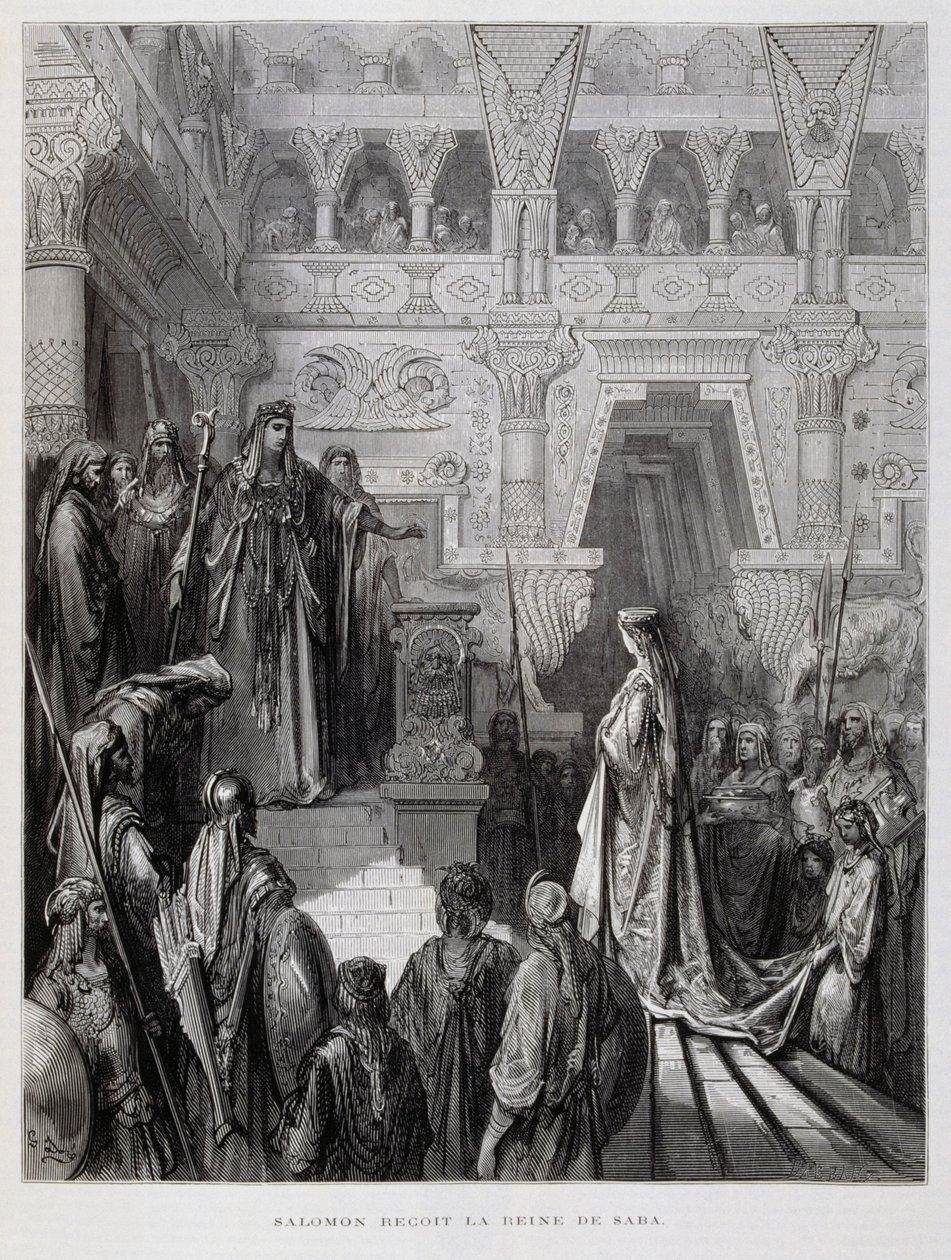 Kuningas Salomo vastaanottaa Saaban kuningattaren, kuvitus Dore Bible -teoksesta. tekijältä Gustave Dore