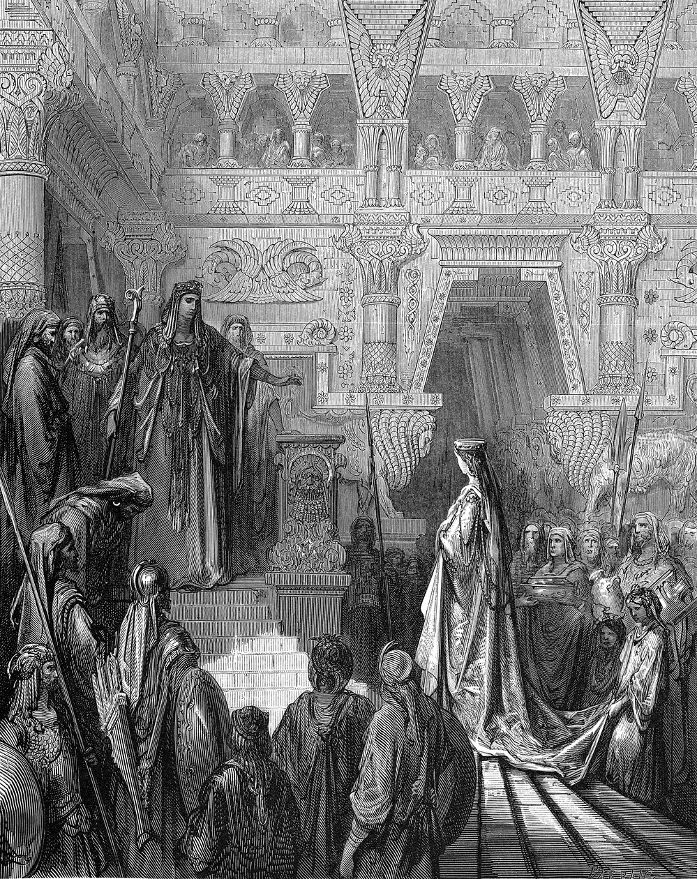 Kuningas Salomo toivottaa tervetulleeksi Saban kuningattaren, 1865-1866 tekijältä Gustave Dore