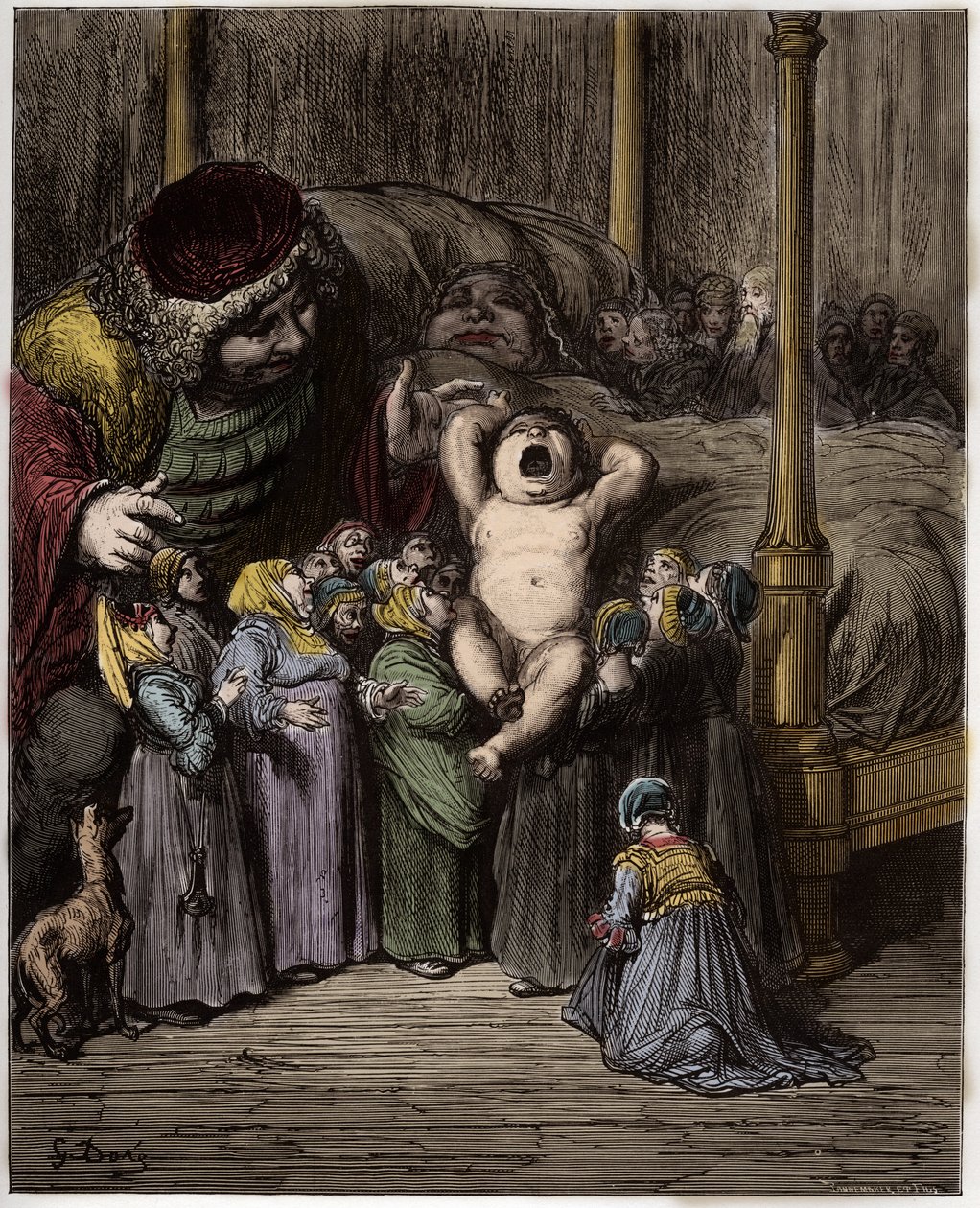 La Naissance de Gargantua - Gargantuan synty - kuvitus teoksesta "Gargantua ja Pantagruel", Francois Rabelais - kaiverrus Gustave Dore (1832-1883) tekijältä Gustave Dore