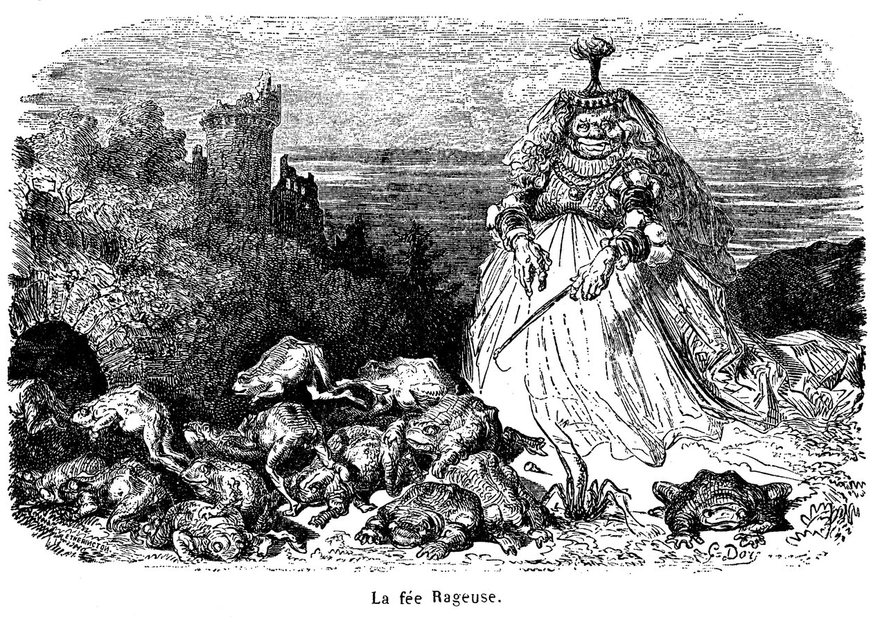 La fee Rageuse ja hänen konnalaumansa: Gustave Doren kaiverrus Segurin kreivittären tarinan Puh kuvituksena, teoksesta Uudet tarinat Fees, Hachette 1896 - tekijältä Gustave Dore