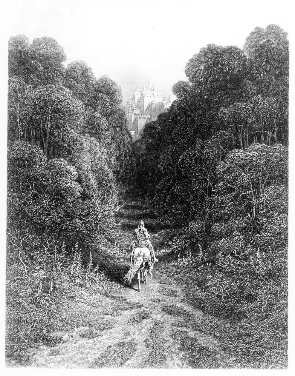 Lancelot lähestyy Astolatin linnaa, kuvitus Alfred Tennysonin (litho) teoksesta "Idylls of the King" tekijältä Gustave Dore