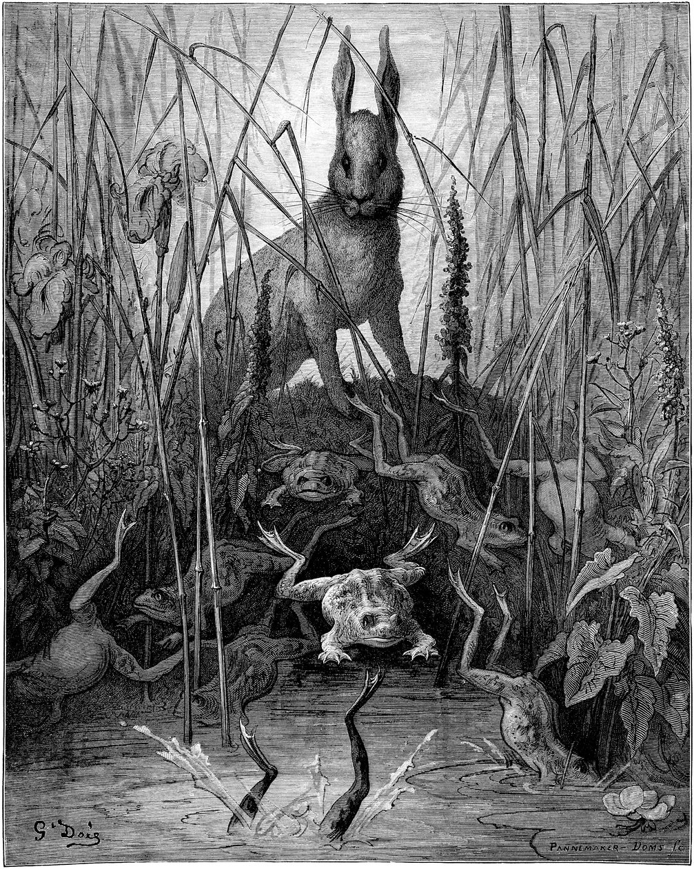 Le hare et les frogs: Jean de la Fontainen satu, jonka on kuvittanut Gustave Dore - Jänis ja sammakot - tekijältä Gustave Dore