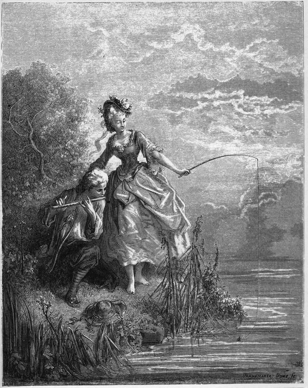 Kalat ja paimen, joka soittaa huilua - Kalat ja paimen, joka soittaa huilua - Jean de La Fontainen "Fablesista" tekijältä Gustave Dore
