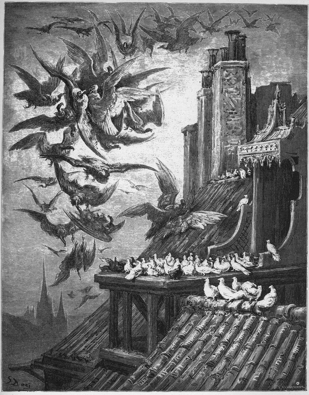 Korppikotkat ja kyyhkyset - Jean de La Fontainen "Fablesista". tekijältä Gustave Dore