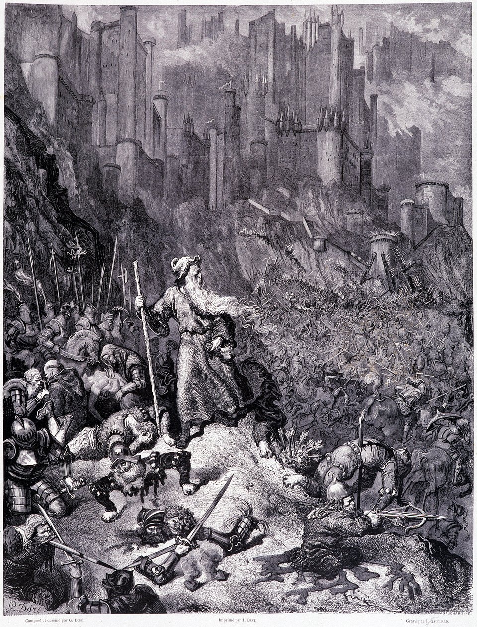 Taistelut, levy IX - Gustave Doren (1832-1883) kuvitus Pierre Dupontin La legende du Jeifin vaelluksesta, painos Librairie du Magasin Picturesque, Pariisi 1862 tekijältä Gustave Dore