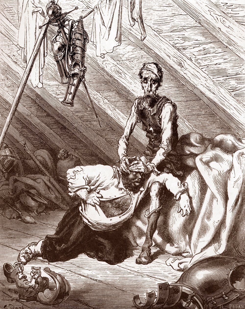Fierabrasin eliksiirin huonot vaikutukset (Sanchon mustelmia parantavan lääkkeen huonot vaikutukset) Gustave Doren (1832-1883) kaiverrus Cervantesin Miguelin "L