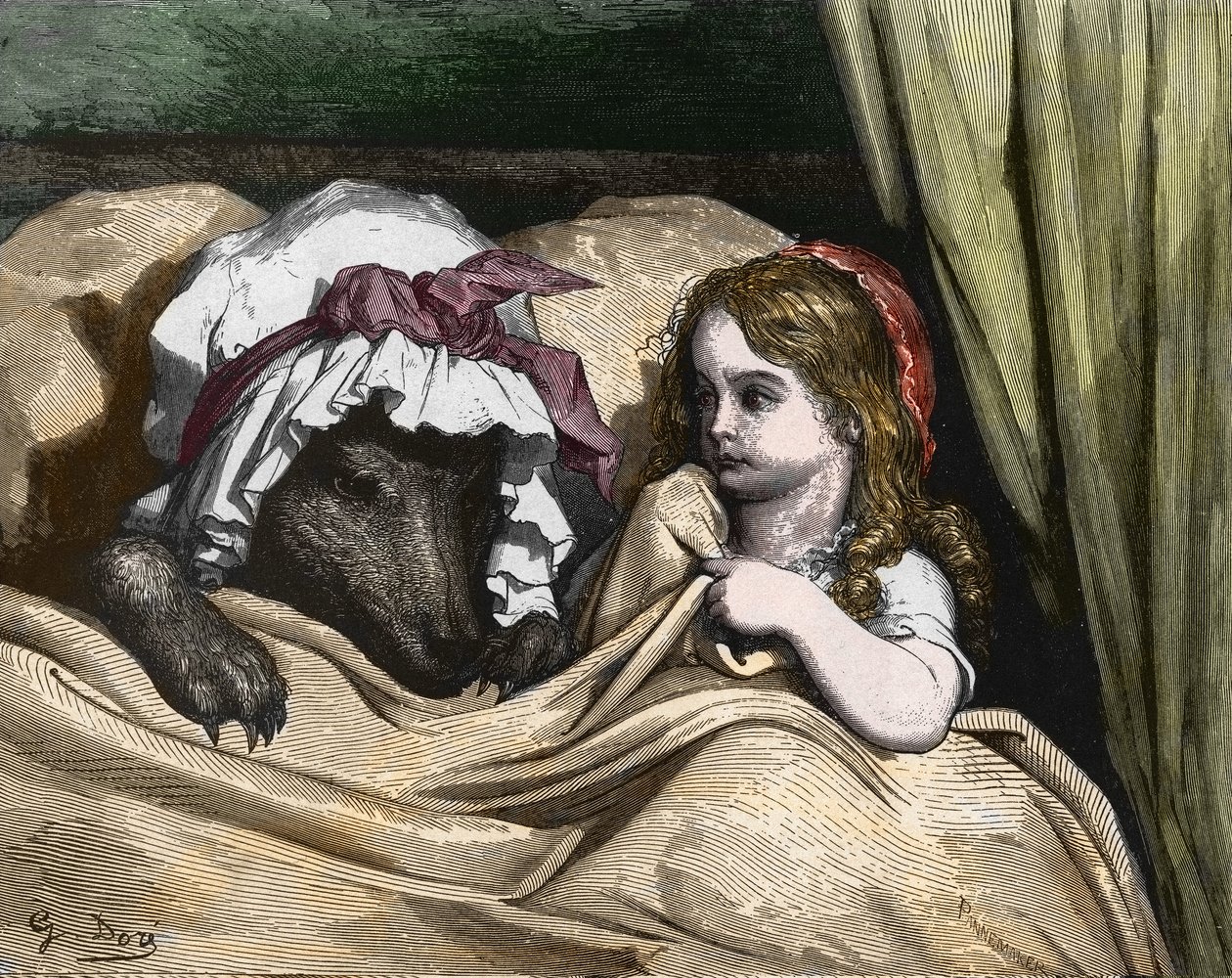 Punahilkka ja susi eivät pidä kuten isoäiti. Kuvitus Gustave Dore tekijältä Gustave Dore