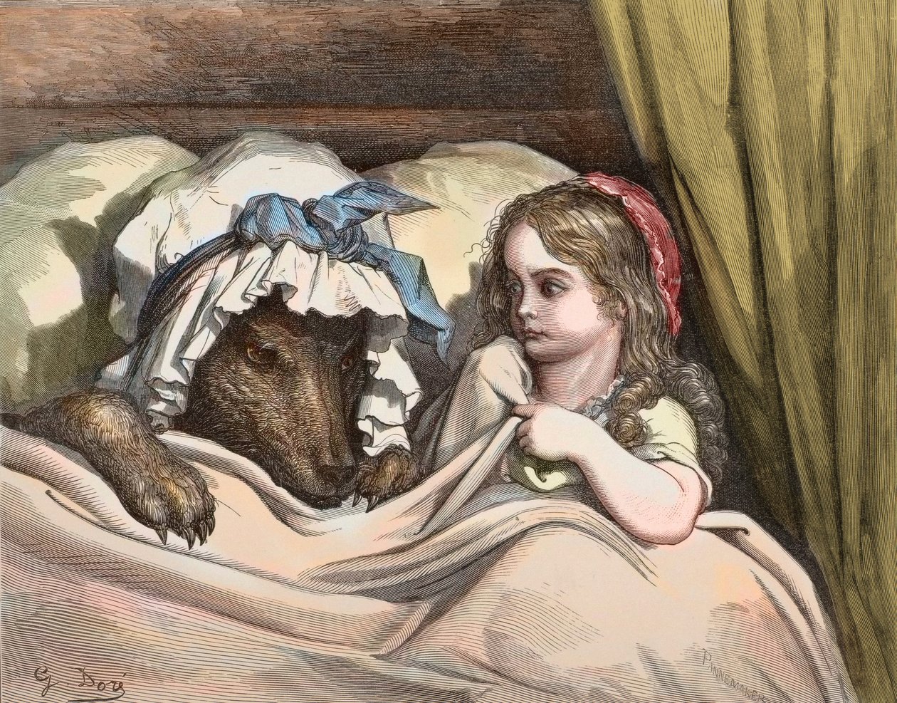 Punahilkka ja susi eivät pidä kuten isoäiti. Kuvitus Gustave Doren (1832-1883) Charles Perraultin (1628-1703) "Tartuista" 1867 - Punahilkka - Gustave Dore (1832-1883) Kaiverrus tekijältä Gustave Dore