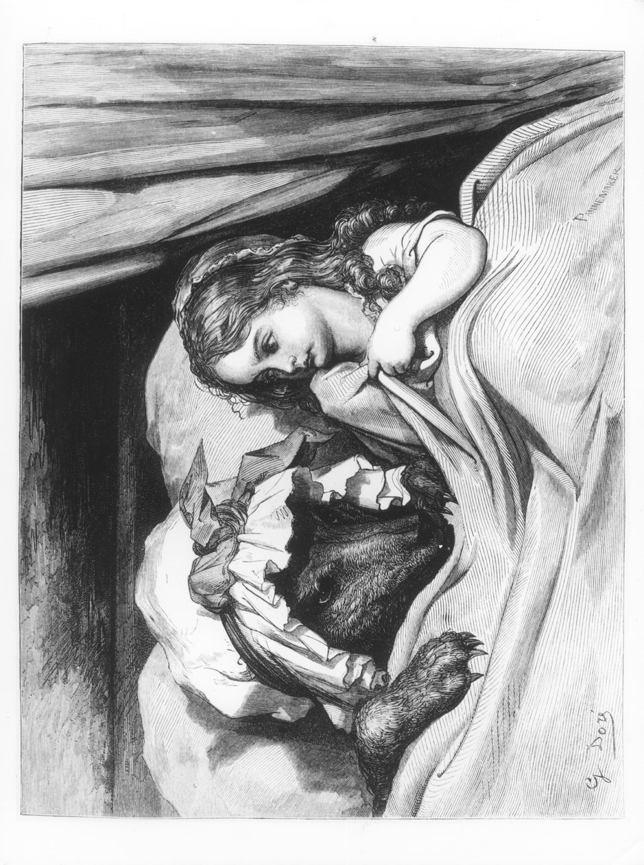 Punahilkka ja susi", kuvitus "Les Contes de Perraultista", kaiverrettu Pannemaker, julkaissut J.Hetzel, 1862 tekijältä Gustave Dore