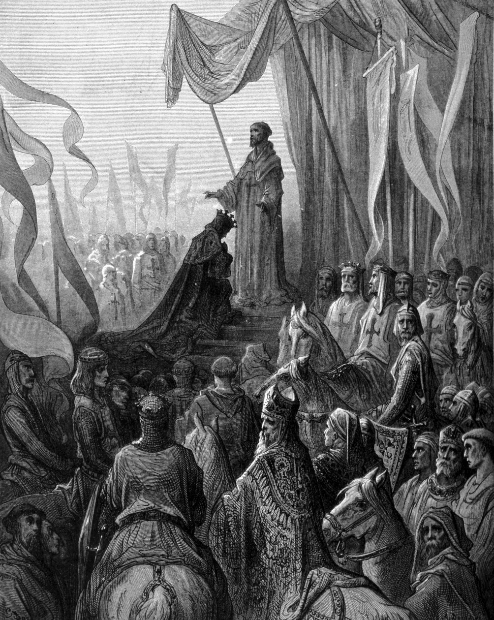Louis VII (1120 - 1180) polvistui Pyhän Bernardin edessä Clairvaux