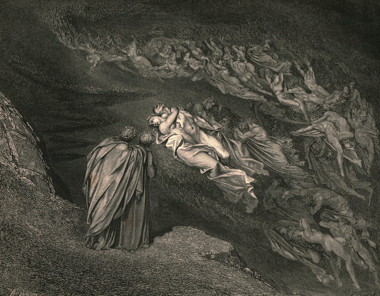 Rakkaus toi meidät yhteen kuolemaan: Caina odottaa sielua, joka jakoi elämämme, 1890. tekijältä Gustave Dore