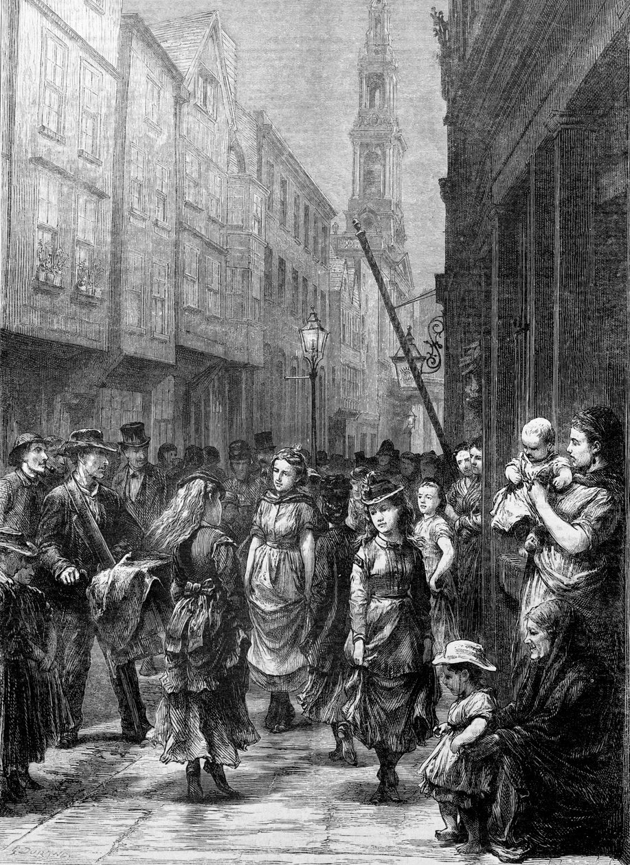 Tytöt tanssivat kauppaa varten, Drury Lane, City of Westminster, Lontoo, c1852-c1883 tekijältä Gustave Dore