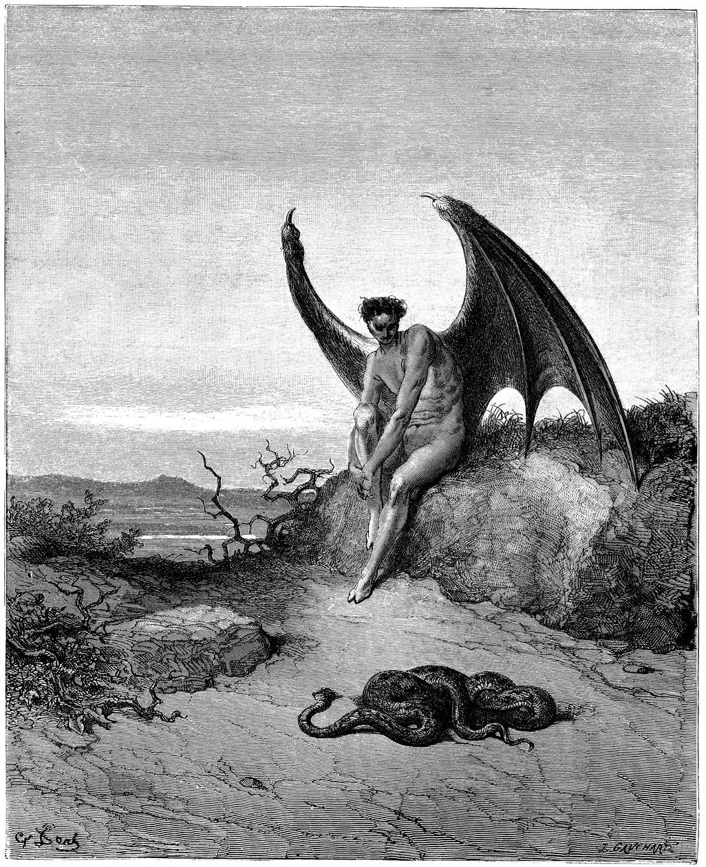Lucifer (Saatana, dechu-enkeli, joka putosi taivaasta maan päälle) kohtaa käärmeen. Gustave Doren kuvitus John Miltonin (1608-1674) teokseen "Kadotettu paratiisi". Kaiverrus vuodelta 1866. Yksityiskokoelma tekijältä Gustave Dore
