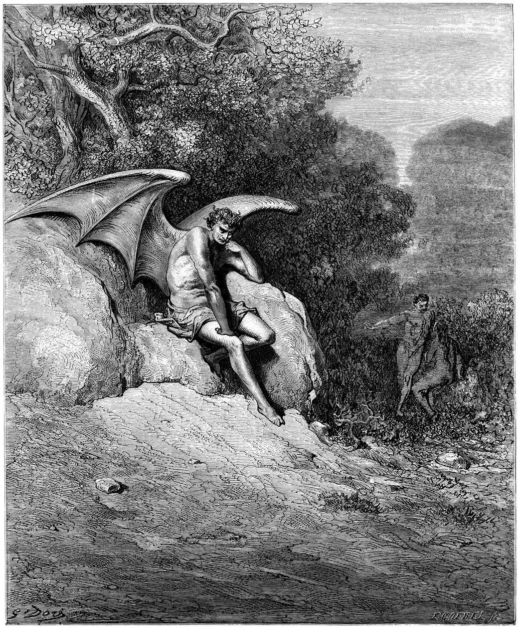 Lucifer (Saatana, dechu-enkeli, putosi taivaasta maan päälle) heijastui vääristelemällä Aatamia ja Eevaa. Gustave Doren kuvitus John Miltonin (1608-1674) teokseen "Kadotettu paratiisi". Kaiverrus vuodelta 1866. Yksityiskokoelma tekijältä Gustave Dore