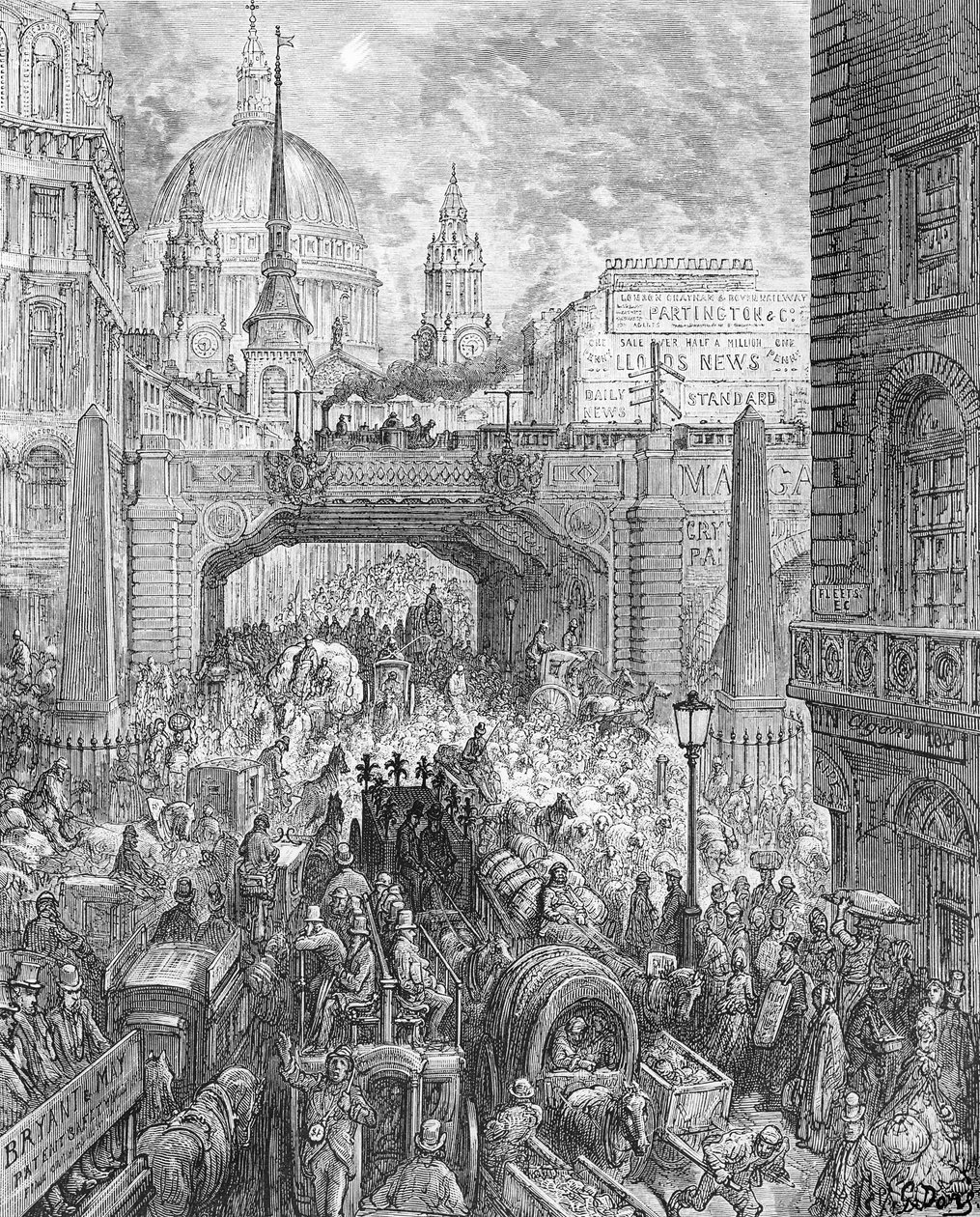 Ludgate Hill, "London, pyhiinvaellus", kirjoittanut William Blanchard Jerrold (1826-94) pub. 1872 (kaiverrus) tekijältä Gustave Dore