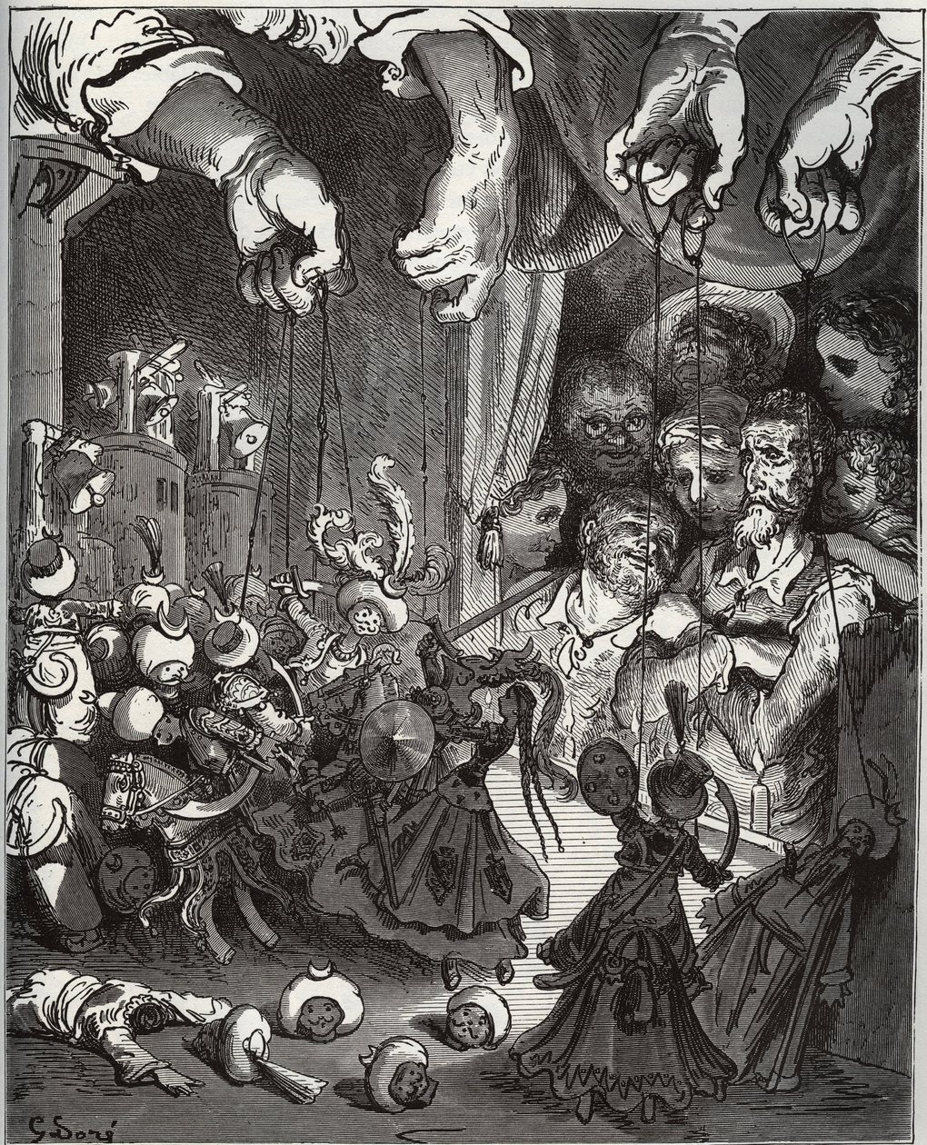 Maese Pedron nukketeatteri - Miguel Cervantesin (1547-1616) "Don Quijote de la Mancha" (Don Quijote) - Gustave Doren piirtämän puupiirros tekijältä Gustave Dore