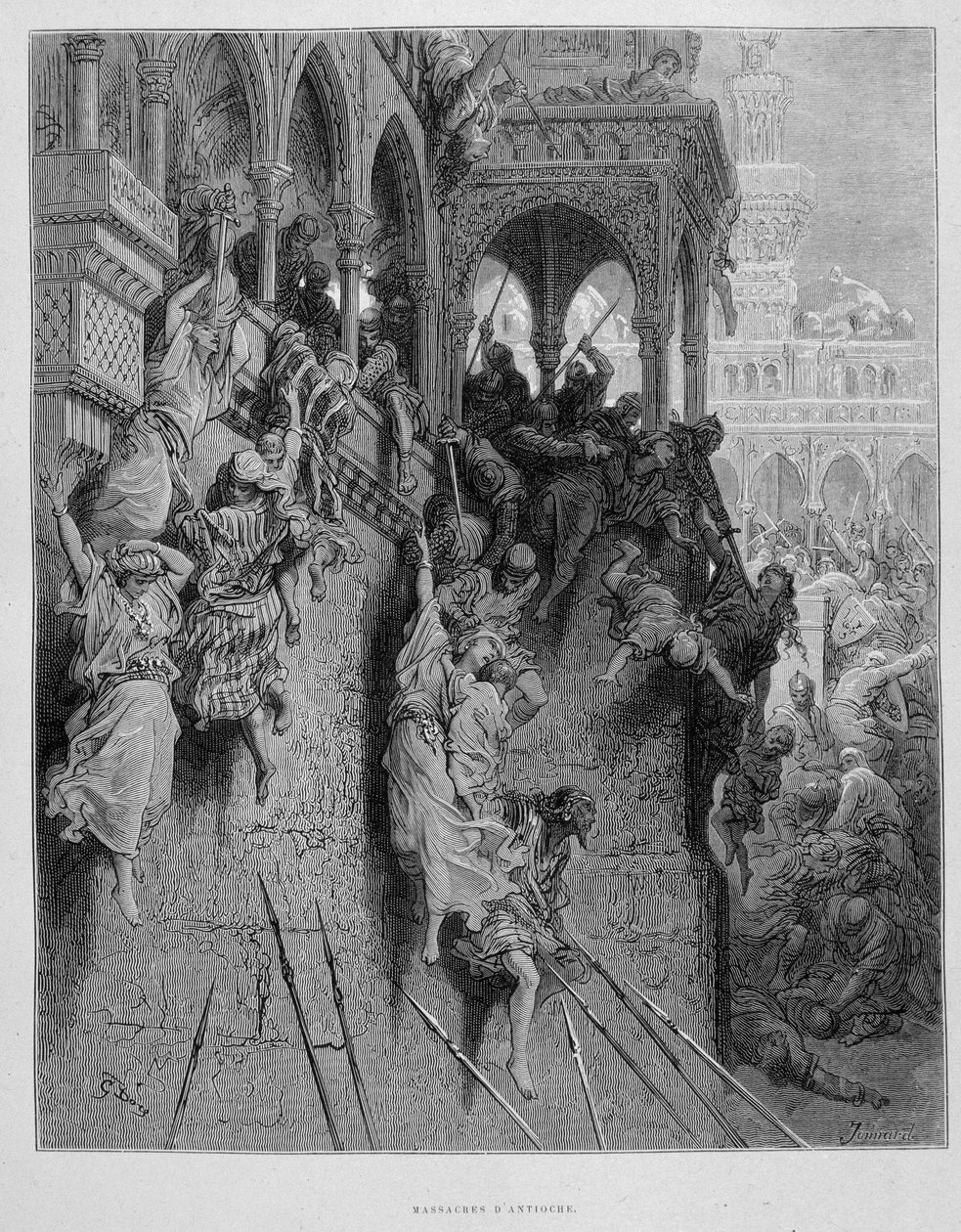 Antiokian joukkomurhat ensimmäisen ristiretken aikana – Gustave Dorén kaiverrus tekijältä Gustave Dore