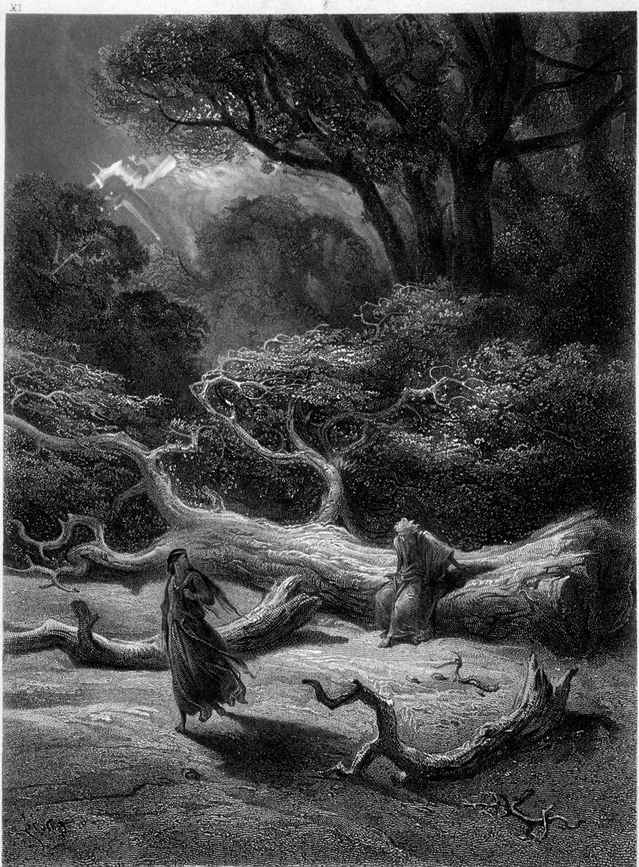 Merlin ja Viviane Brocelianden metsässä (Cycle des chevaliers de la Table Ronde) - Alfred Tennysonin teoksessa "Viviane", kuvitus G. Doré tekijältä Gustave Dore
