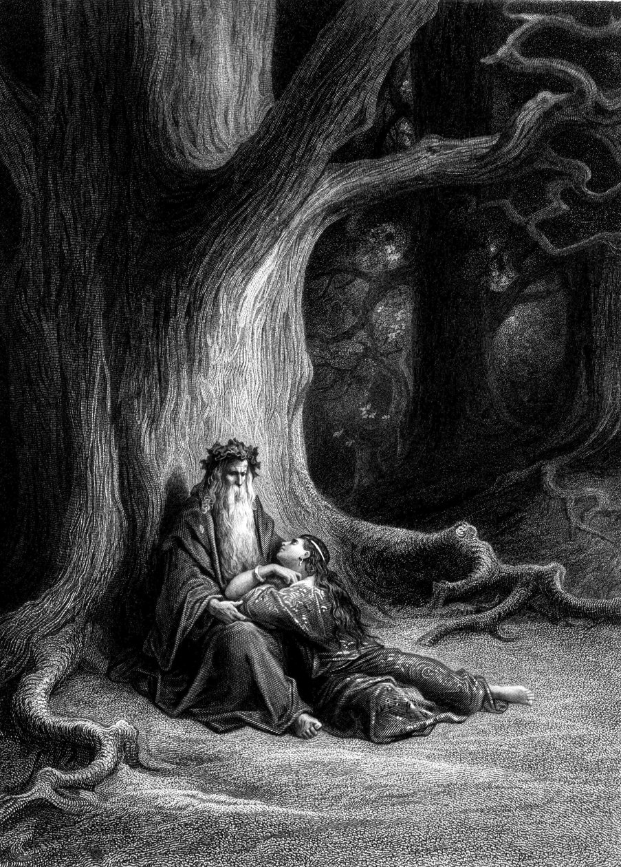 Merlin ja Viviane Brocelianden metsässä (Cycle des chevaliers de la Table Ronde) - Alfred Tennysonin teoksessa "Viviane", kuvitus G. Doré tekijältä Gustave Dore