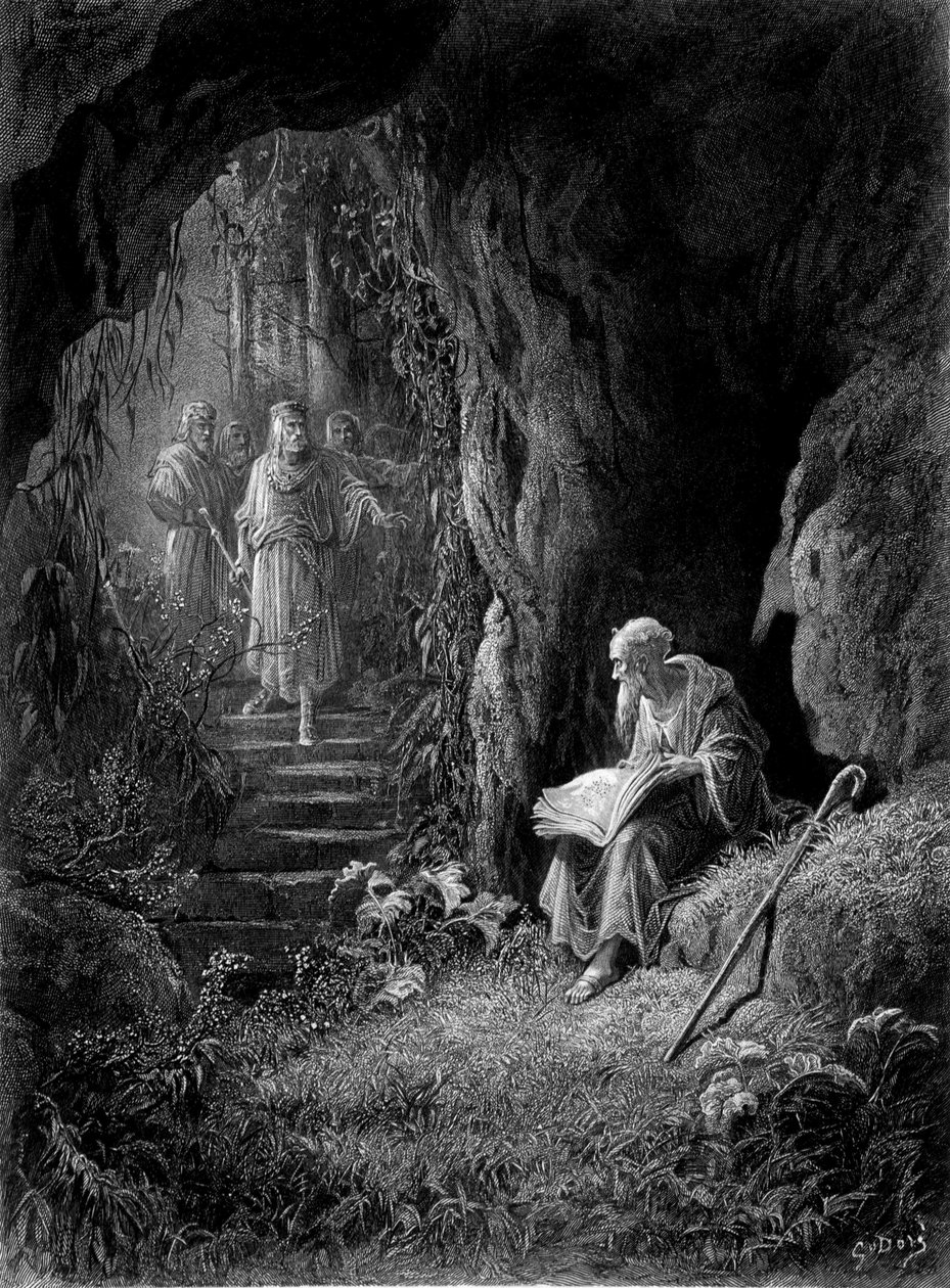 Kuningas Arthurin upseerit löysivät Merlinin Brocelianden metsästä (Cycle des chevaliers de la Table Ronde) - Alfred Tennysonin "" Viviane" -kirjassa, kuvitus G. Doré tekijältä Gustave Dore