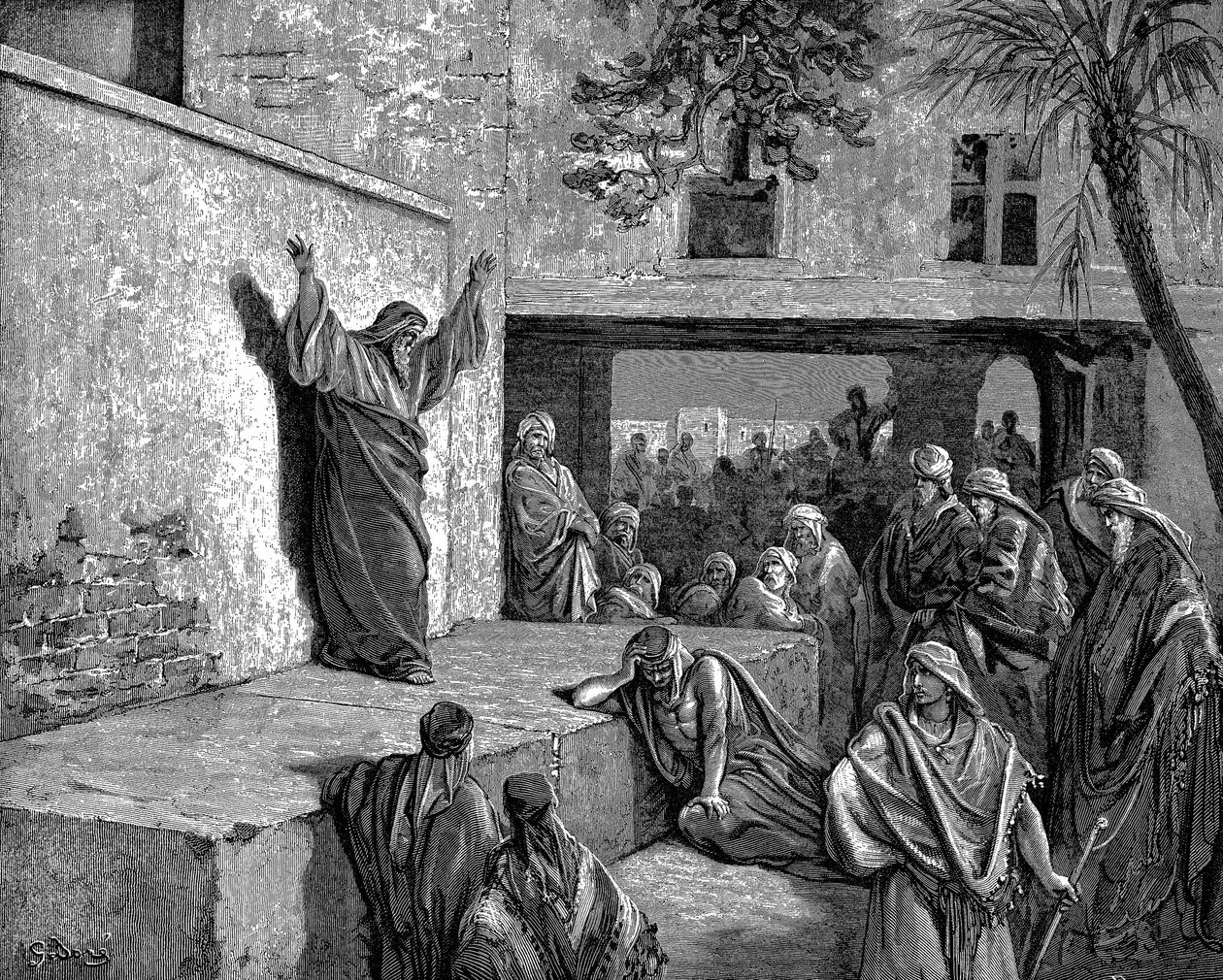Morestilainen profeetta Miika kertoo israelilaisille Sillä katso, Herra tulee esiin...ja tulee alas ja tallaa maan korkeuksia. Raamattu Miika I:3. Kuvitus Gustave Dore 1865-1856. Puunkaiverrus tekijältä Gustave Dore