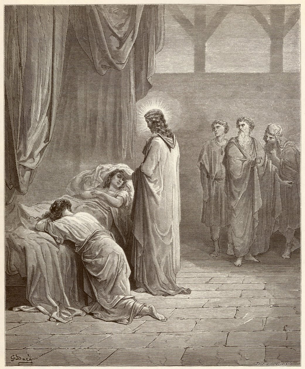 Ihme: Jeesus Kristus paransi Jairen tyttären (Jairus tai Jairos). Gustave Doren (1832-1883) kuvittama kaiverrus Raamatusta tekijältä Gustave Dore
