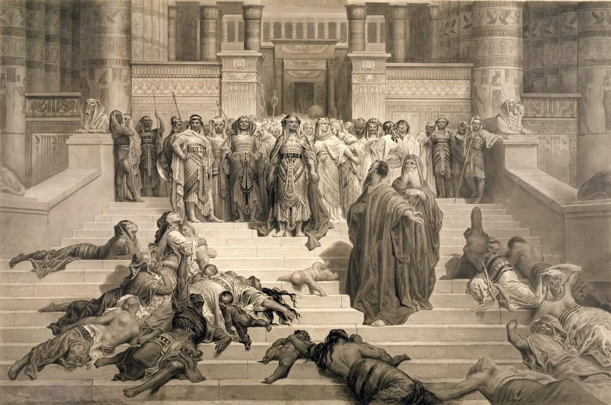 Mooses faraon edessä (hiilen, kynän ja musteen pesu paperille) tekijältä Gustave Dore