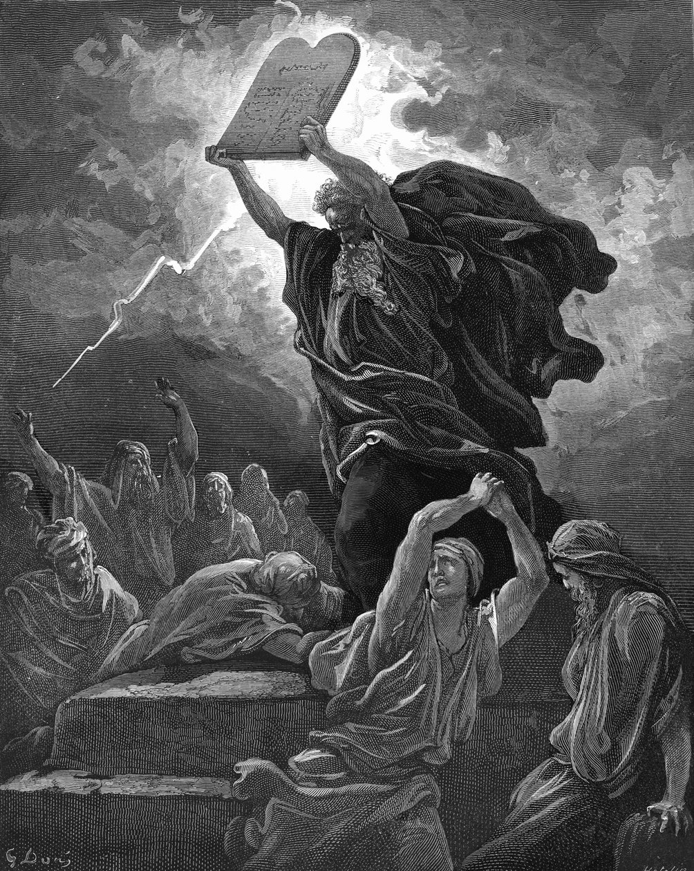 Mooses rikkoo lain tauluja kaivertaen. - Raamattu tekijältä Gustave Dore