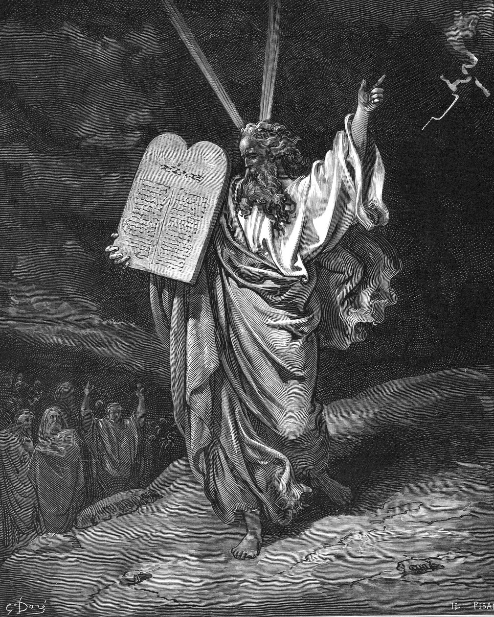 Mooses laskeutui Siinain vuorelta lain kymmenen käskyn taulujen kanssa, 1866 tekijältä Gustave Dore