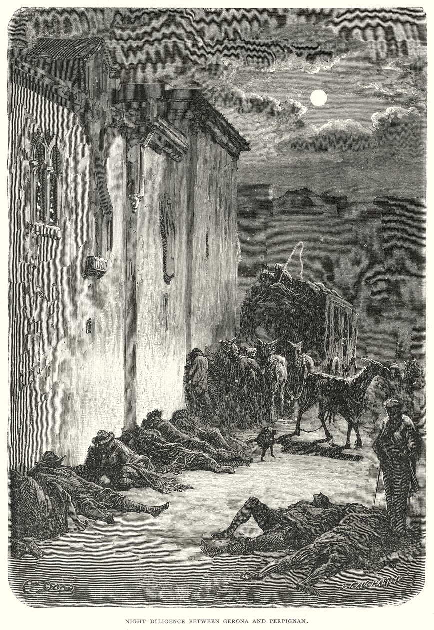 Yöllinen huolellisuus Geronan ja Perpignanin välillä (kaiverrus). tekijältä Gustave Dore