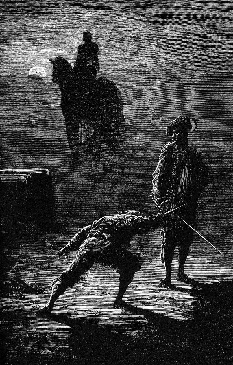 Yöllinen kaksintaistelu kuunvalossa paroni de Sigognacin ja Jacquemin Lampourden välillä pronssikuninkaan ratsastajapatsaan alla. Gustave Doren kaiverrus, joka kuvittaa Theophile Gautierin romaania "Kapteeni Fracasse". Charpentier Edition 1863. tekijältä Gustave Dore