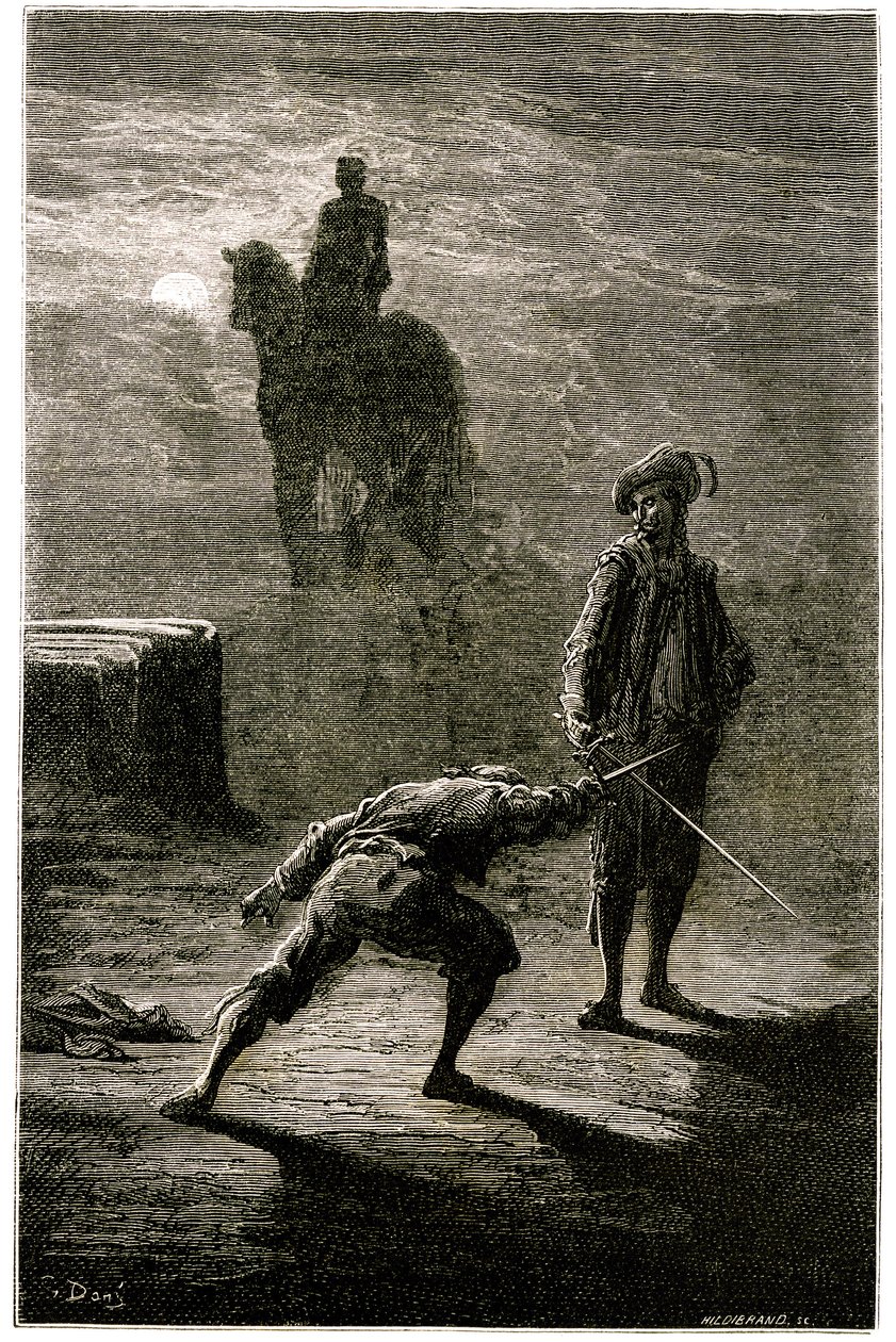 Yöllinen kaksintaistelu kuunvalossa paroni de Sigognacin ja Jacquemin Lampourden välillä pronssikuninkaan ratsastajapatsaan alla. Gustave Doren kaiverrus, joka kuvittaa Theophile Gautier