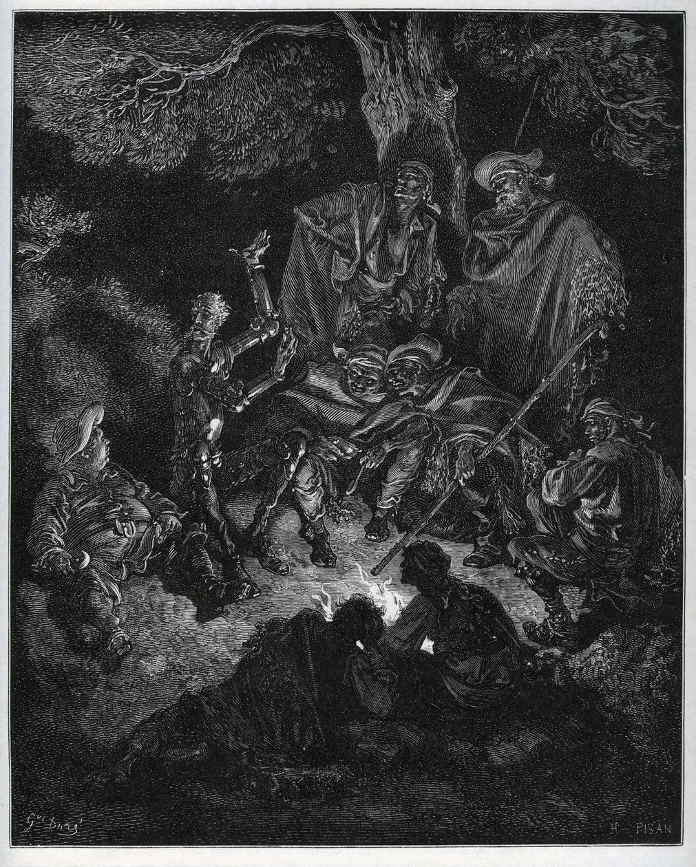 Yövalo, jossa Don Quijote kertoo maailman tarinan vuohille ja Sancho Panzalle - Miguel Cervantesin (1547-1616) "Don Quijote de la Manchasta" (Don Quijote) - Gustave Doren piirtämän puupiirros tekijältä Gustave Dore