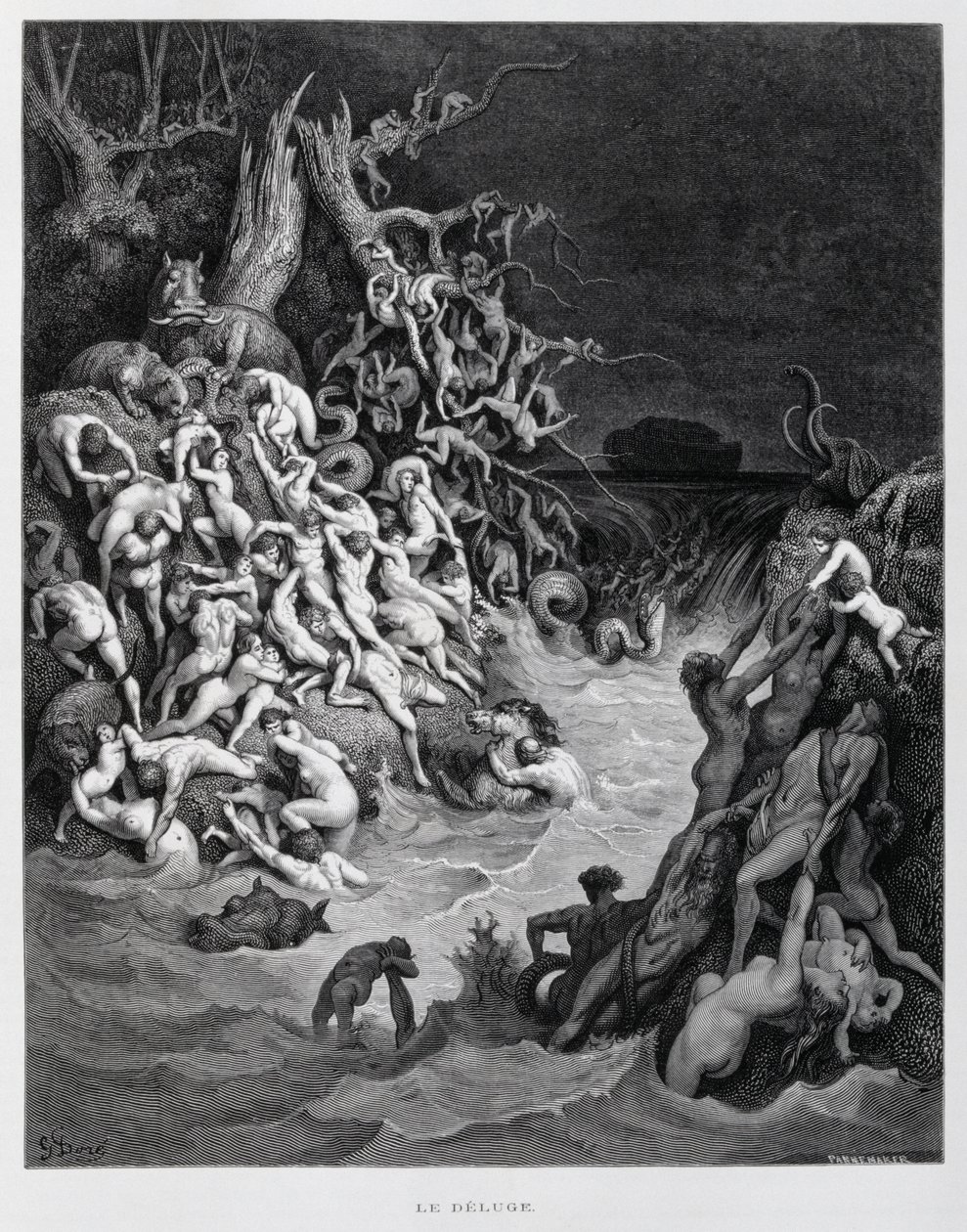 Nooa ja hänen arkkinsa pakenevat, kun suuri vedenpaisumus peittää maan, kuvitus Dore- Raamattu tekijältä Gustave Dore