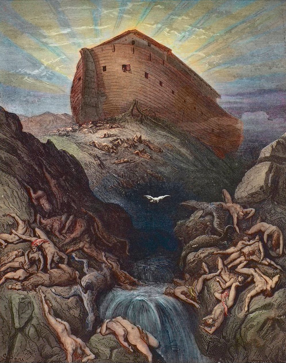 Noe lähettää kyyhkysen maan päälle - Nooa lähettää kyyhkysen arkista, kaiverrus Gustave Doren (1832-1883) tekijältä Gustave Dore