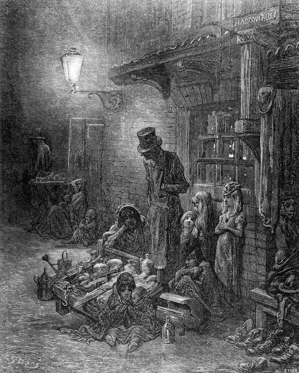 Billingsgaten ulkopuolella, näkymä Harrow Alleylle, "Lontoo, pyhiinvaellus", kirjoittanut William Blanchard Jerrold (1826-84), kaivertanut Heliodore Joseph Pisan (1822-90), pubi. 1872 tekijältä Gustave Dore
