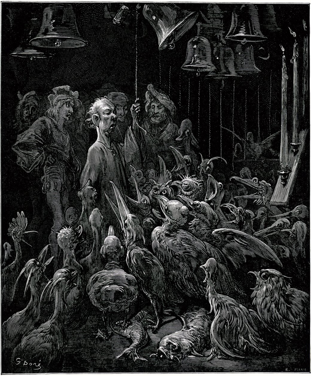 Sonnante-saarella Panurge saa linnut laulamaan soittamalla kelloja - Gustave Doren kuvitus Francois Rabelais
