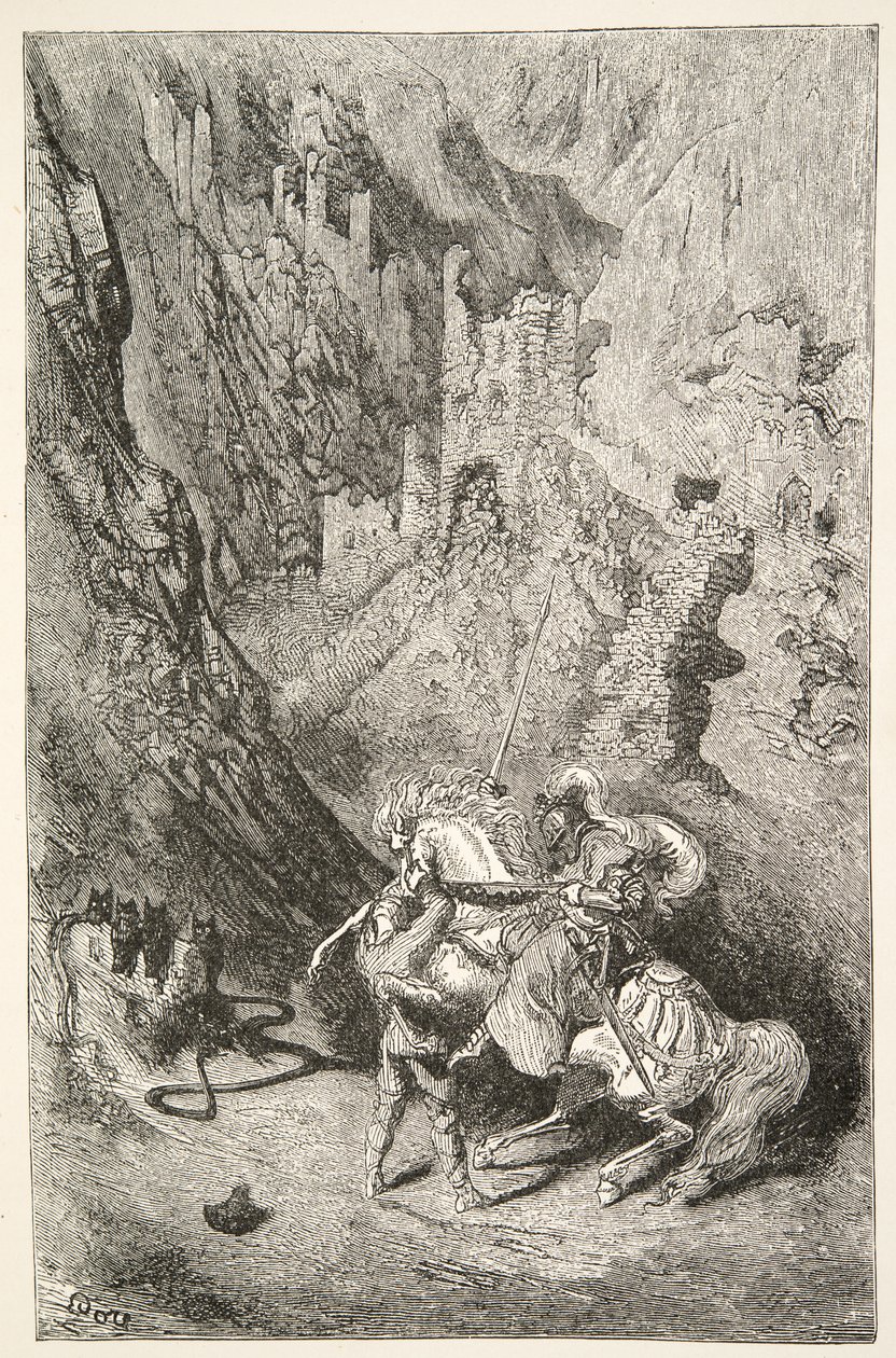 Matkalla Vihreään kappeliin, Charles Henry Hansonin kirjoittamasta Charles Henry Hansonin tarinoita kuningas Arthurin päivistä, julkaisu 1898. tekijältä Gustave Dore